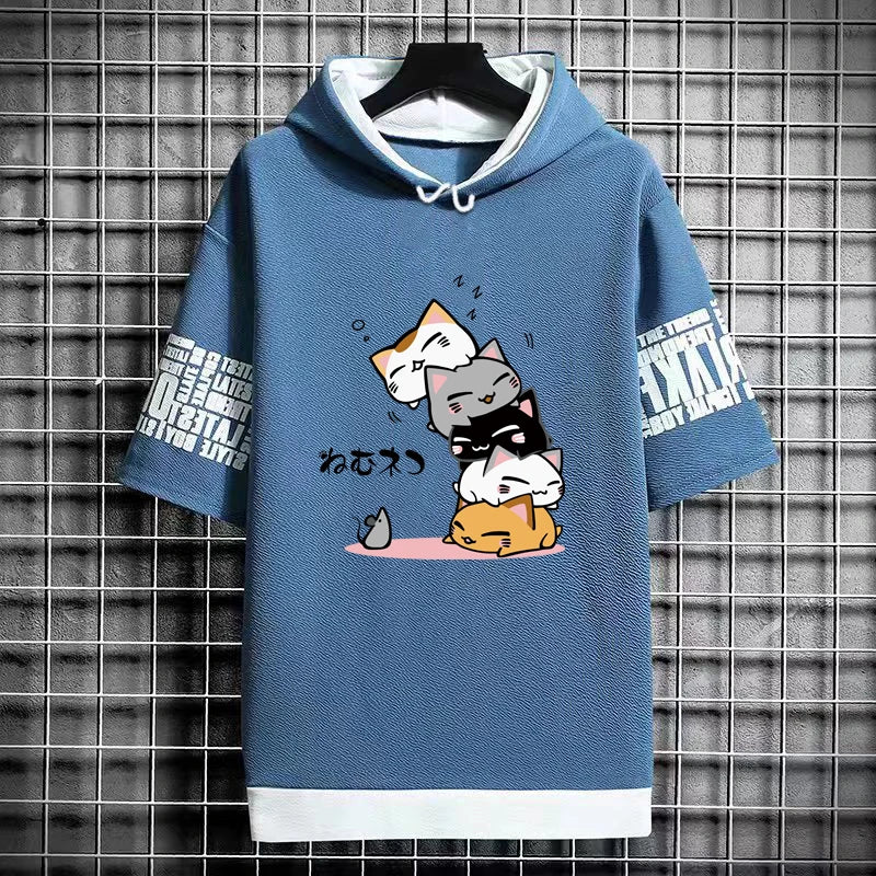Men's Fashion Hooded T-Shirt - Cartoon Cat Print Tee