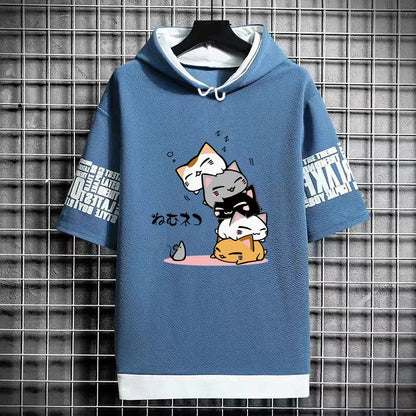 Men's Fashion Hooded T-Shirt - Cartoon Cat Print Tee