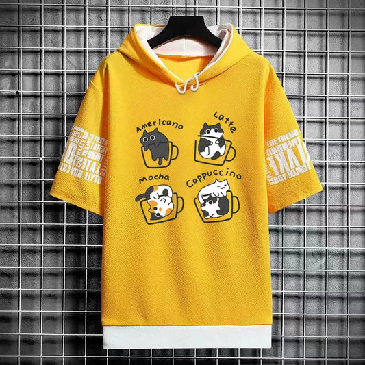 Men's Winter Hooded T-Shirt - Cartoon Coffee Cat Tee
