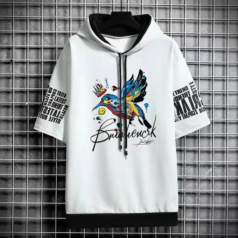 Men's Artistic Bird Print Hooded T-Shirt - Winter Tee