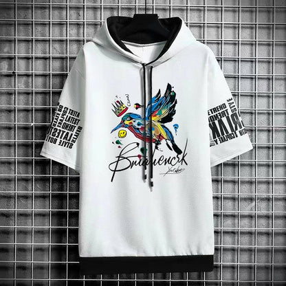 Men's Artistic Bird Print Hooded T-Shirt - Winter Tee