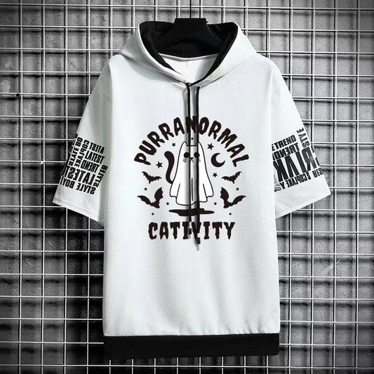 Men's Winter Hooded T-Shirt - Stylish Cat Print Tee