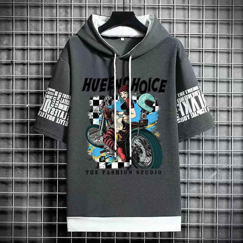 Men's Winter Hooded Graphic T-Shirt - Short Sleeve Top