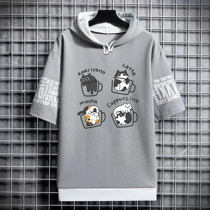 Men's Winter Hooded T-Shirt - Cartoon Coffee Cat Tee