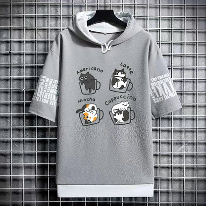 Men's Winter Hooded T-Shirt - Cartoon Coffee Cat Tee