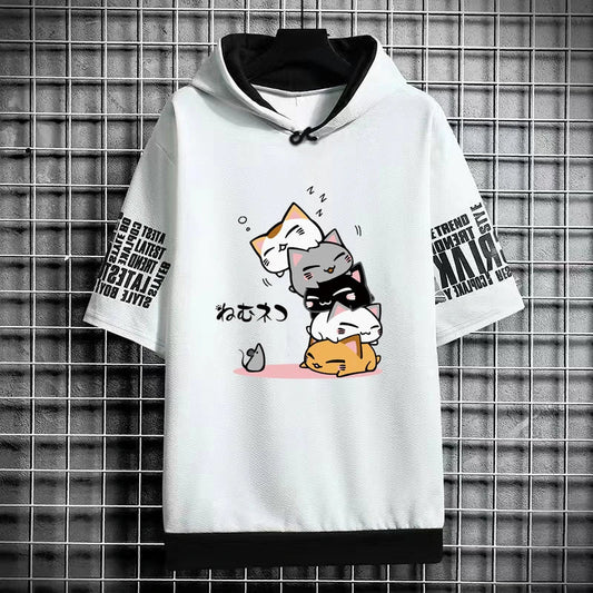Men's Fashion Hooded T-Shirt - Cartoon Cat Print Tee