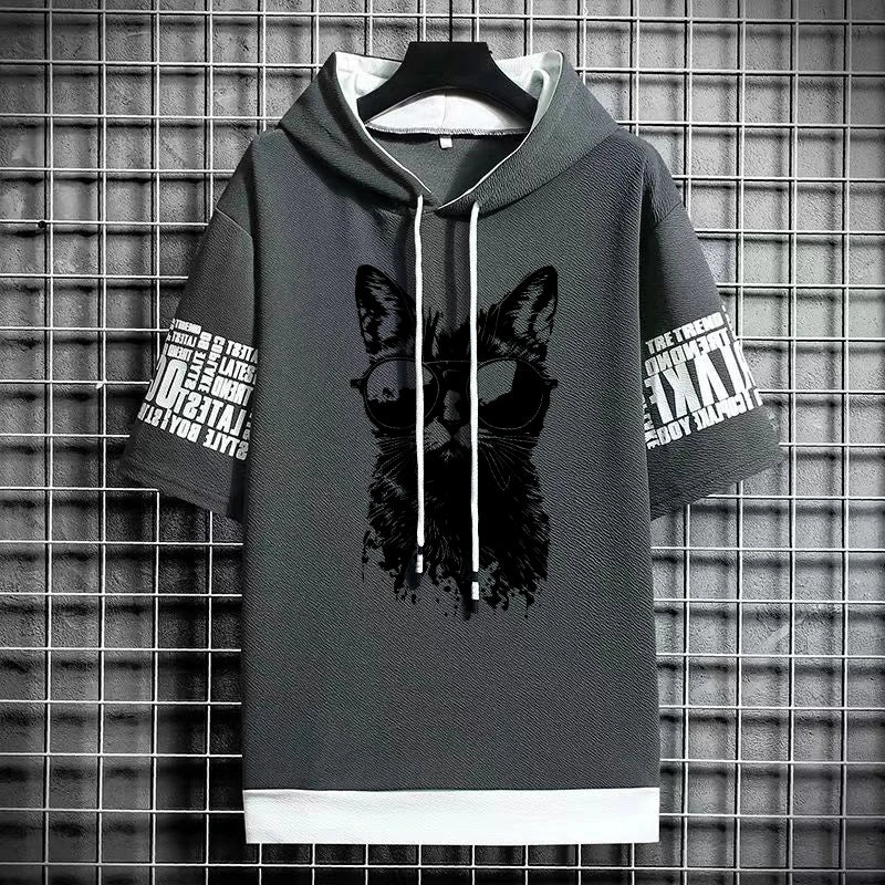 Men's Gothic Print T-Shirt - Winter Hooded Short Sleeve