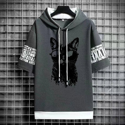 Men's Gothic Print T-Shirt - Winter Hooded Short Sleeve
