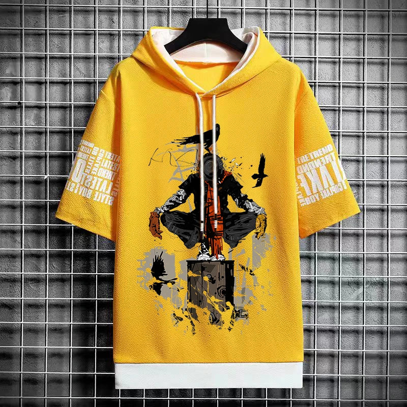 Men's Winter Hooded T-Shirt - Anime Graphic Print Tee