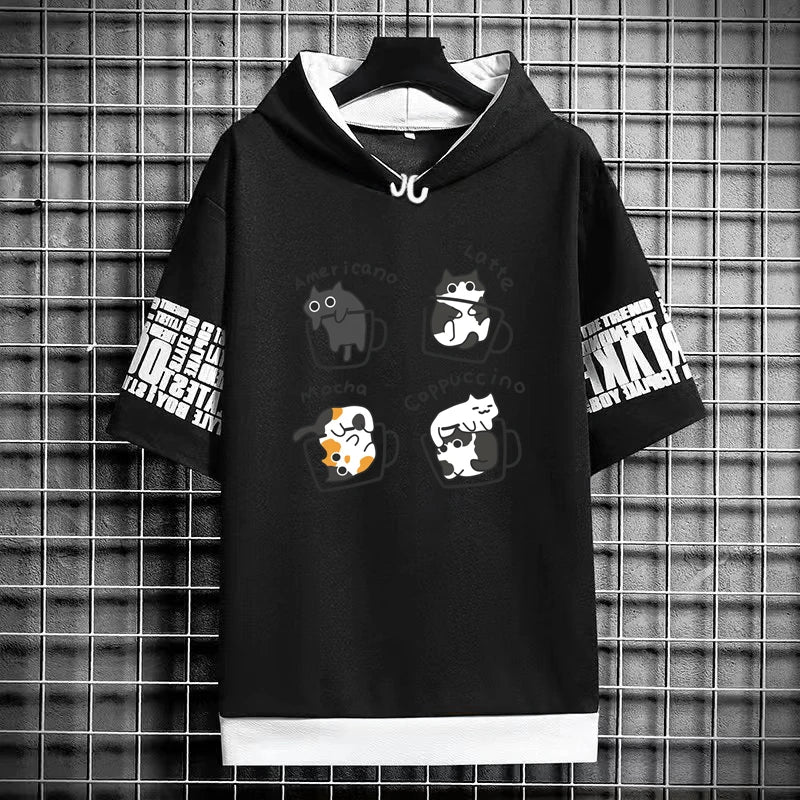 Men's Winter Hooded T-Shirt - Cartoon Coffee Cat Tee