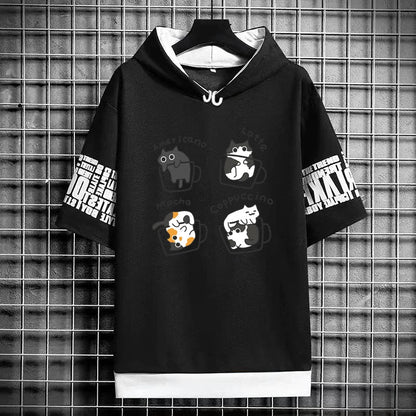 Men's Winter Hooded T-Shirt - Cartoon Coffee Cat Tee
