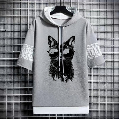 Men's Gothic Print T-Shirt - Winter Hooded Short Sleeve