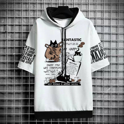 Men's Cartoon Cat T-Shirt - Winter Short Sleeve Hoodie