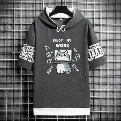 Harajuku Men's Hooded T-Shirt - Cartoon Cat Print Streetwear
