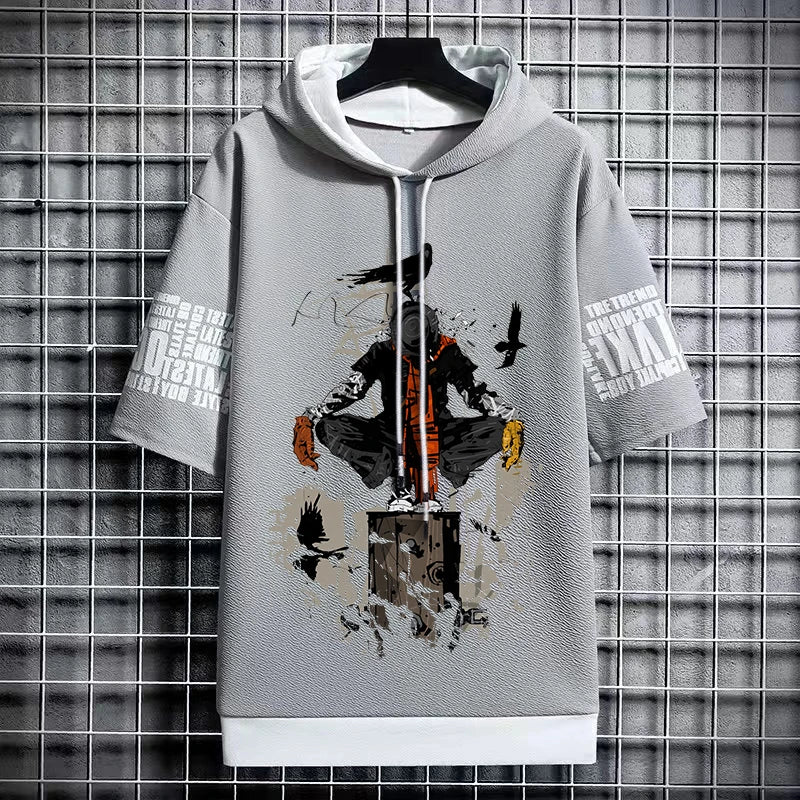Men's Winter Hooded T-Shirt - Anime Graphic Print Tee