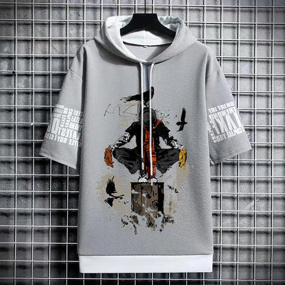 Men's Winter Hooded T-Shirt - Anime Graphic Print Tee