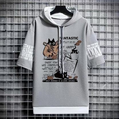 Men's Cartoon Cat T-Shirt - Winter Short Sleeve Hoodie