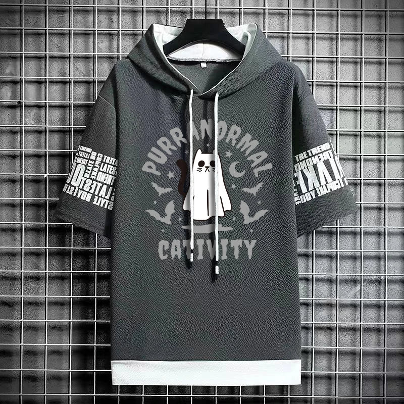 Men's Winter Hooded T-Shirt - Stylish Cat Print Tee