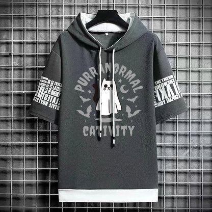 Men's Winter Hooded T-Shirt - Stylish Cat Print Tee