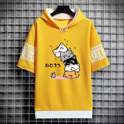 Men's Fashion Hooded T-Shirt - Cartoon Cat Print Tee