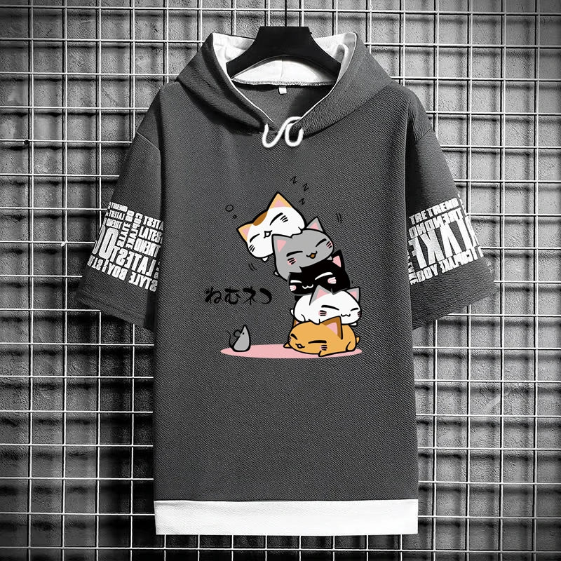 Men's Fashion Hooded T-Shirt - Cartoon Cat Print Tee