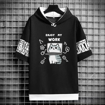 Harajuku Men's Hooded T-Shirt - Cartoon Cat Print Streetwear