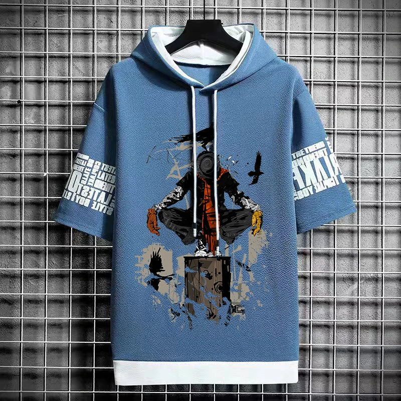 Men's Winter Hooded T-Shirt - Anime Graphic Print Tee
