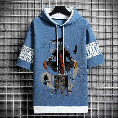 Men's Winter Hooded T-Shirt - Anime Graphic Print Tee