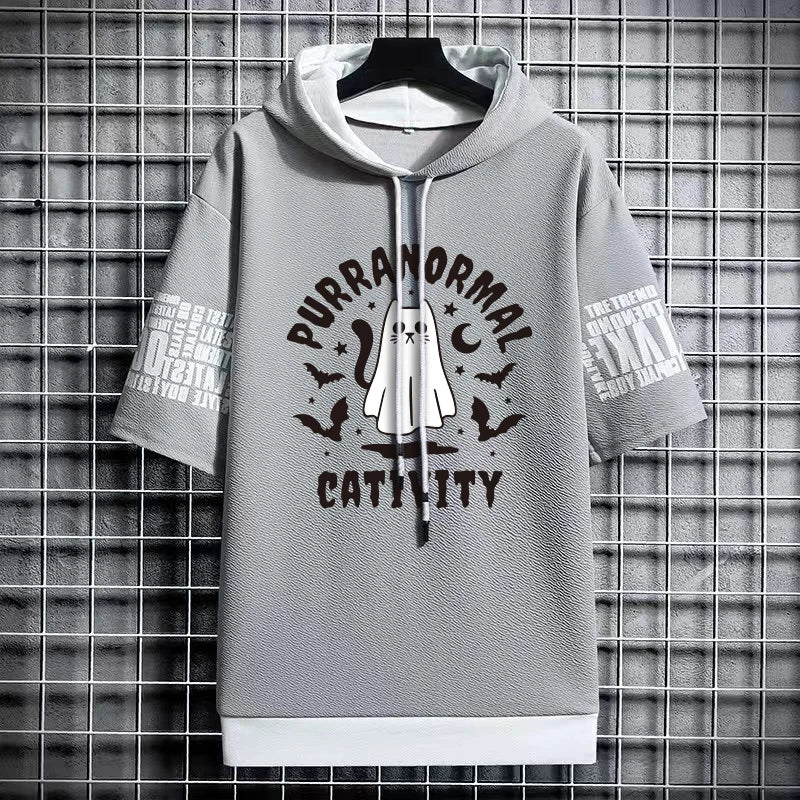 Men's Winter Hooded T-Shirt - Stylish Cat Print Tee