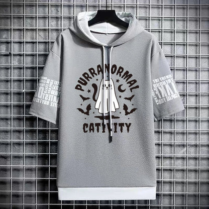 Men's Winter Hooded T-Shirt - Stylish Cat Print Tee