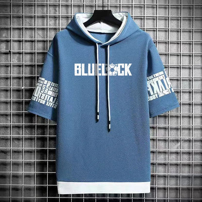 Men's Blue Lock Anime T-Shirt - Hooded Short Sleeve Tee