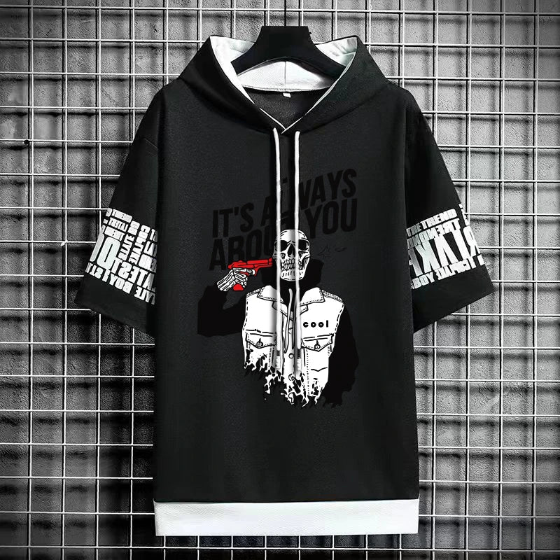 Men's Winter Hooded High Street T-Shirt - Skull Print Tee