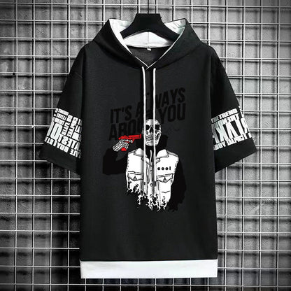 Men's Winter Hooded High Street T-Shirt - Skull Print Tee