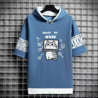 Harajuku Men's Hooded T-Shirt - Cartoon Cat Print Streetwear