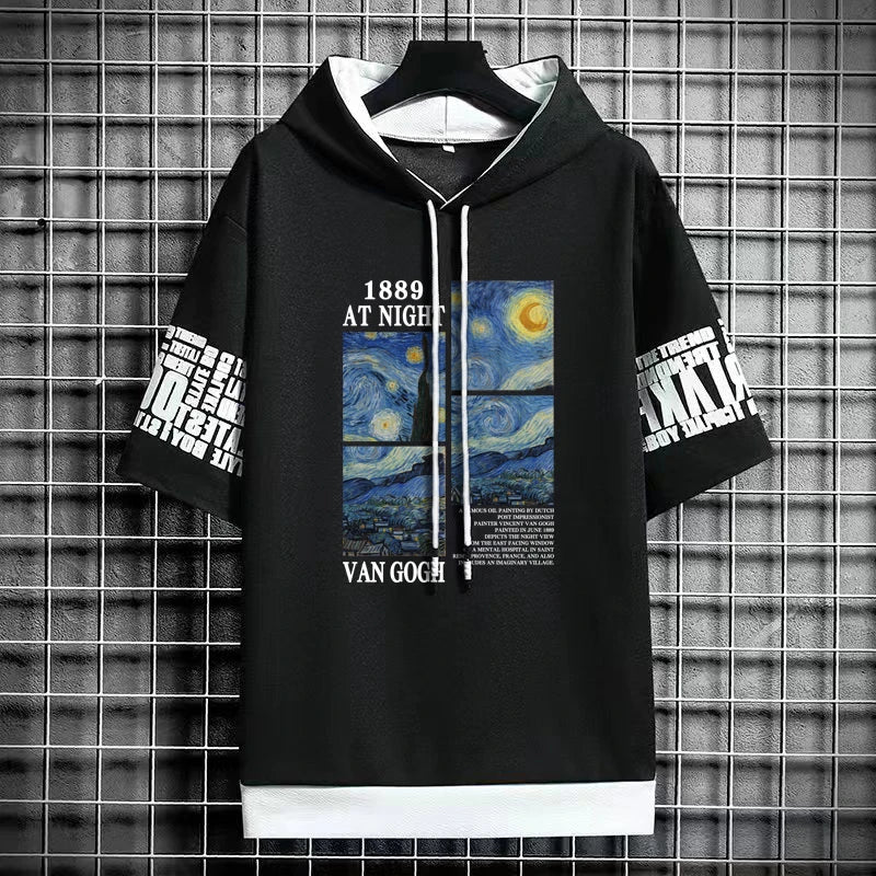 Men's Van Gogh Art T-Shirt - Hooded Winter Streetwear