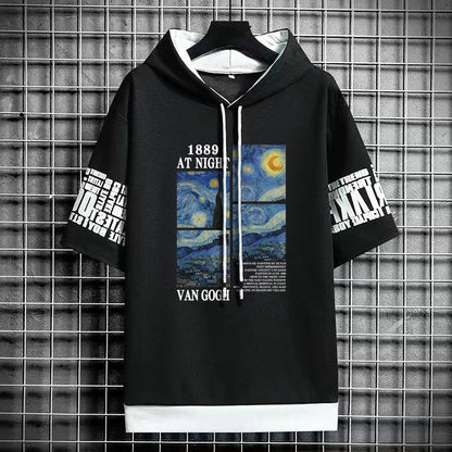 Men's Van Gogh Art T-Shirt - Hooded Winter Streetwear