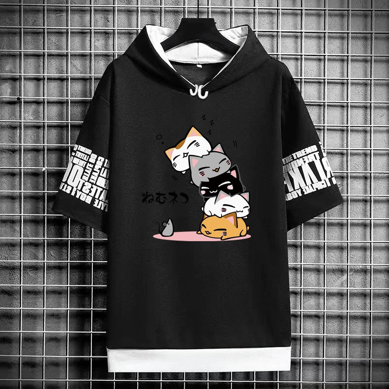 Men's Fashion Hooded T-Shirt - Cartoon Cat Print Tee