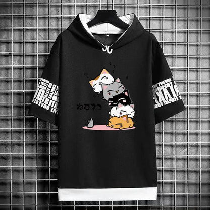 Men's Fashion Hooded T-Shirt - Cartoon Cat Print Tee