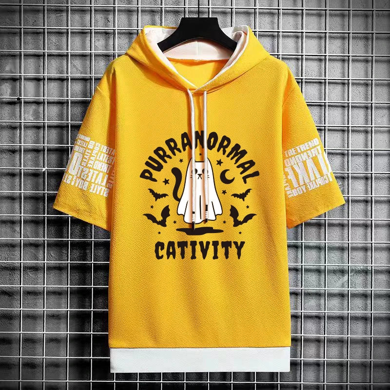Men's Winter Hooded T-Shirt - Stylish Cat Print Tee