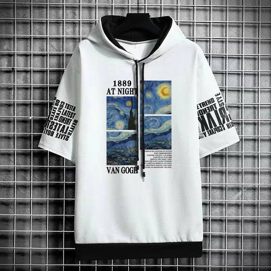 Men's Van Gogh Art T-Shirt - Hooded Winter Streetwear