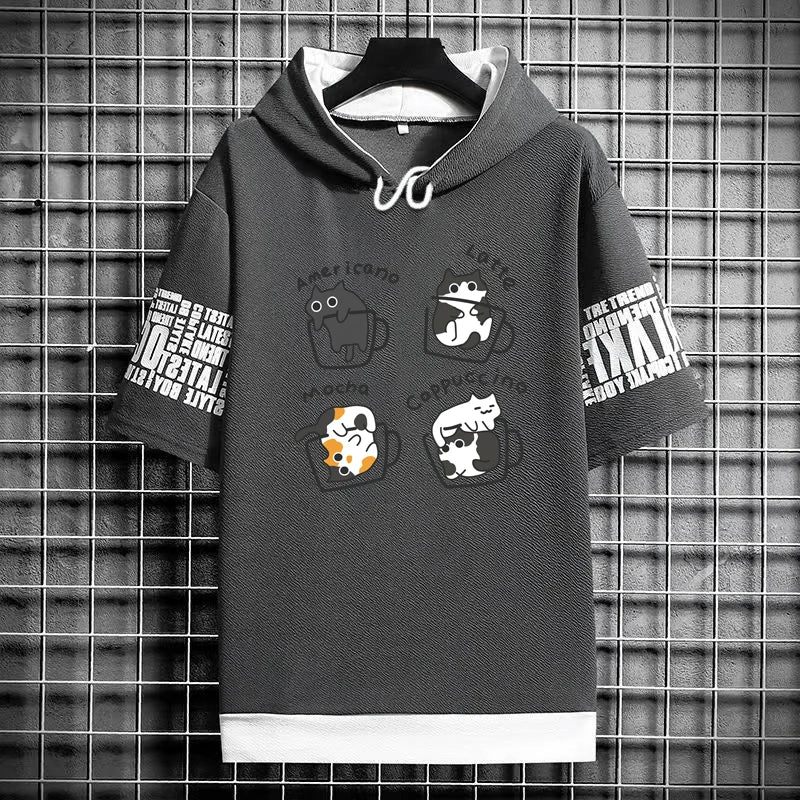 Men's Winter Hooded T-Shirt - Cartoon Coffee Cat Tee