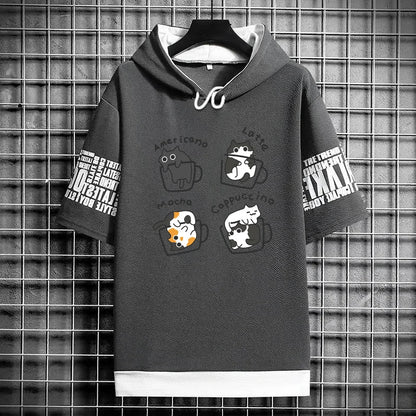 Men's Winter Hooded T-Shirt - Cartoon Coffee Cat Tee