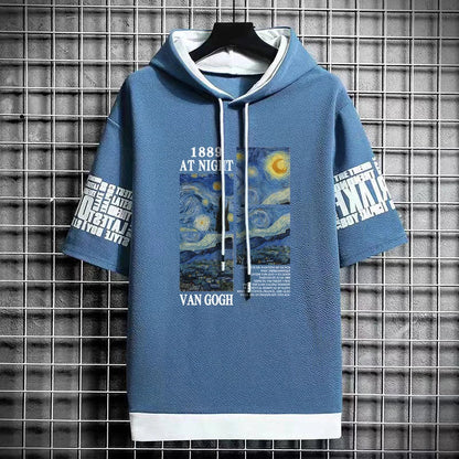 Men's Van Gogh Art T-Shirt - Hooded Winter Streetwear