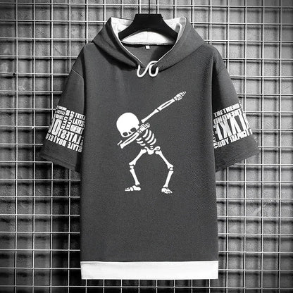 Men's Winter Hooded T-Shirt - Skull Graphic Streetwear
