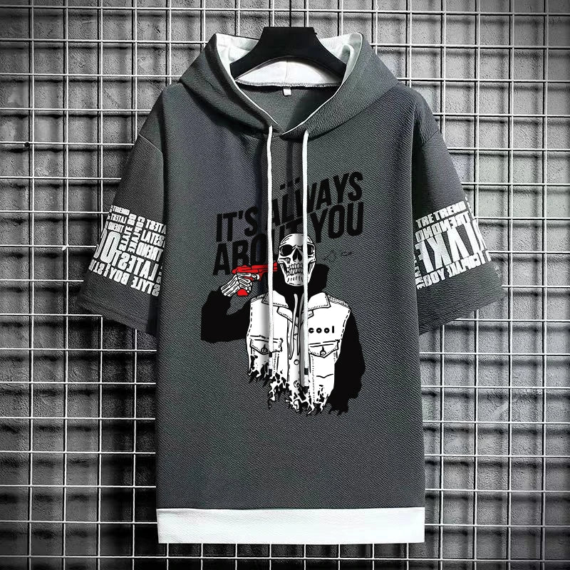 Men's Winter Hooded High Street T-Shirt - Skull Print Tee