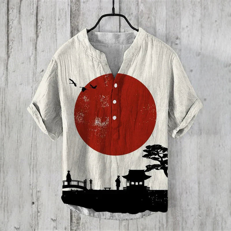 Men's Summer Henley Shirt - Retro Japanese Art Print, Casual Short Sleeve Fashion - PrimePick World