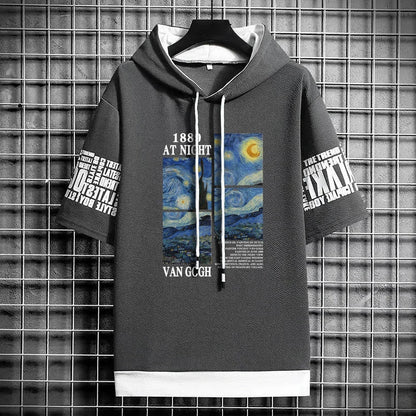 Men's Van Gogh Art T-Shirt - Hooded Winter Streetwear