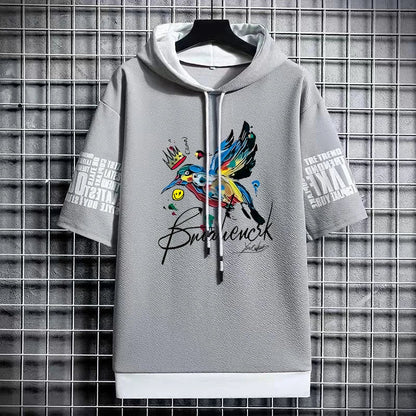 Men's Artistic Bird Print Hooded T-Shirt - Winter Tee