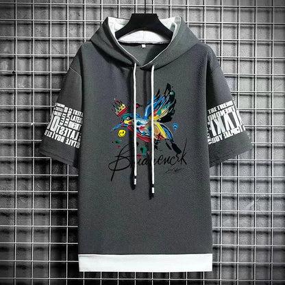 Men's Artistic Bird Print Hooded T-Shirt - Winter Tee