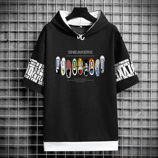 Men's Hooded T-Shirt - Graffiti Sneakers Graphic Streetwear